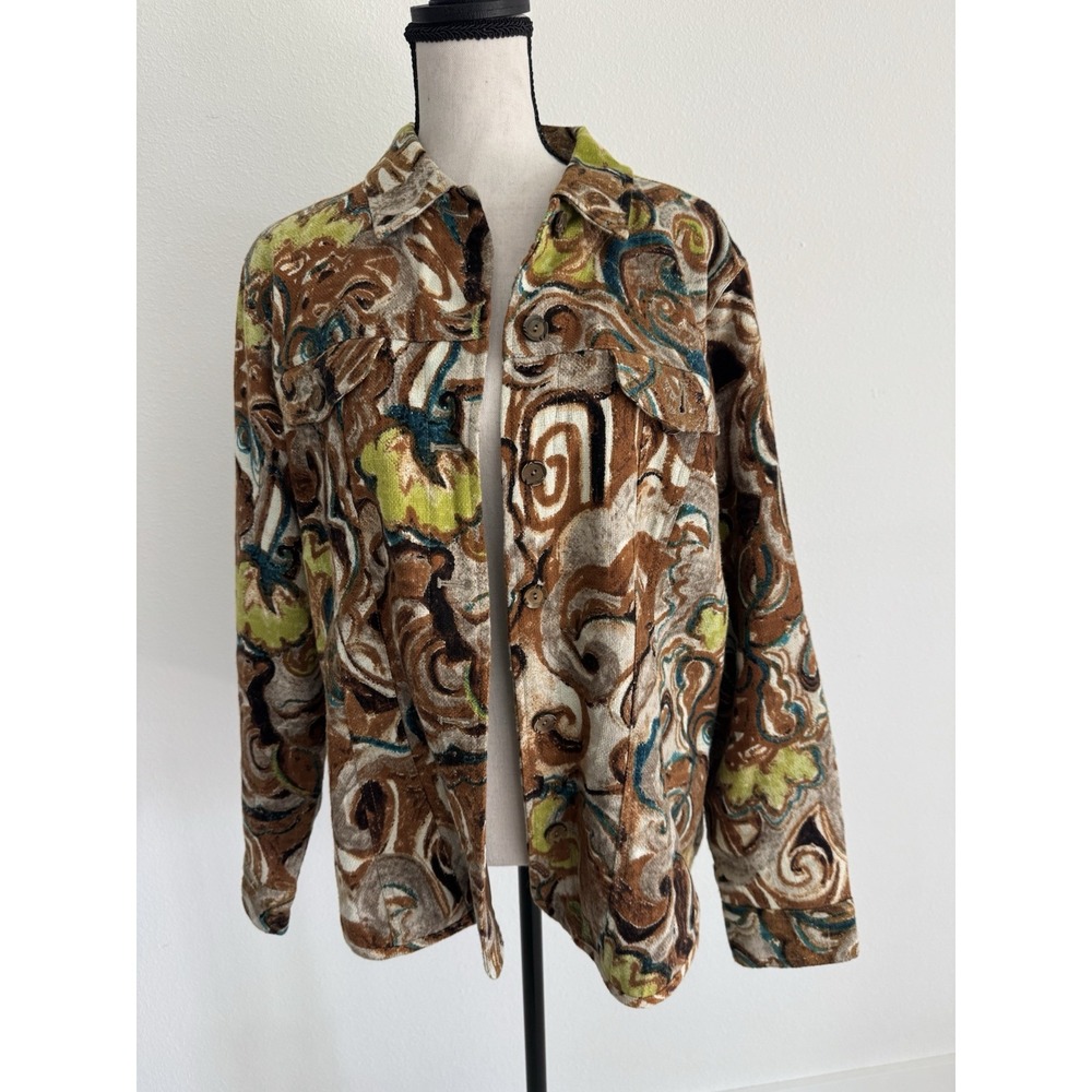 Chico's India Cotton Velvet Jacket Blazer Floral Yellow Long Sleeve Size 2 L